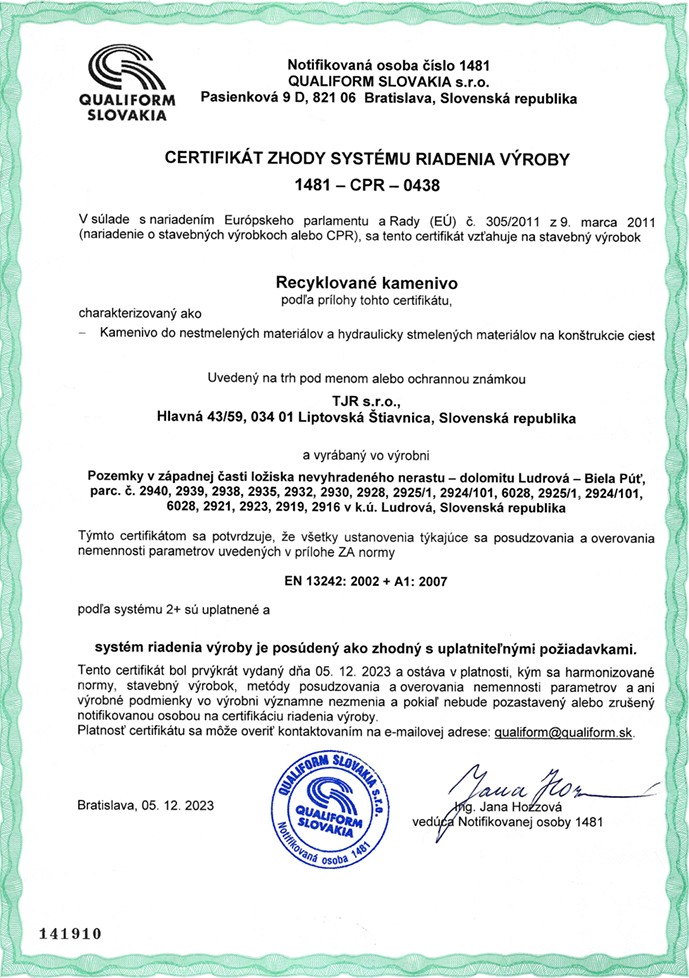 Certifikát kvality recyklovaného kameniva – TJR